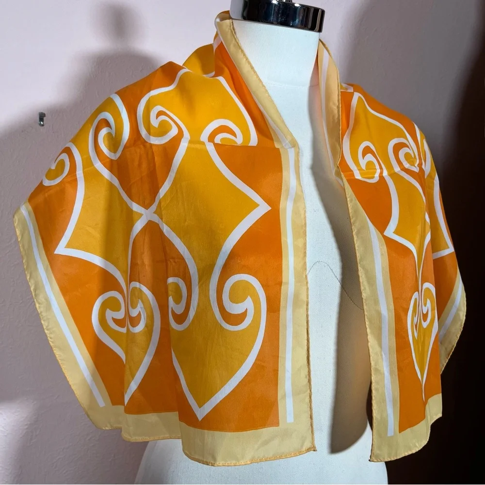 Vintage 60 70 Mod Retro Art Deco Orange Yellow Long Skinny Scarf - Picture 14 of 16
